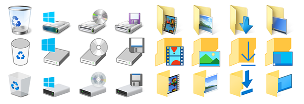 Evolution du design des icônes depuis Windows 8 (de haut en bas)