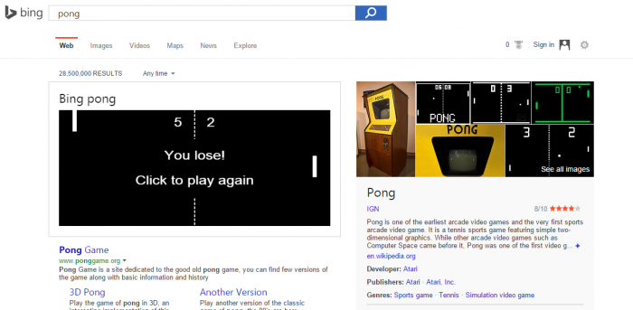 Surprise: le jeu Pong est jouable sur la pages des résultats de Bing