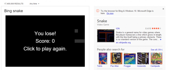 Le jeu du serpent, jouable à partir de la page de résultats de Bing