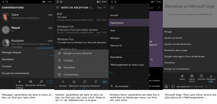Incohérences dans l'interface de Windows 10 Mobile (sur Lumia 925 et le build 10586.107 de W10 Mobile)