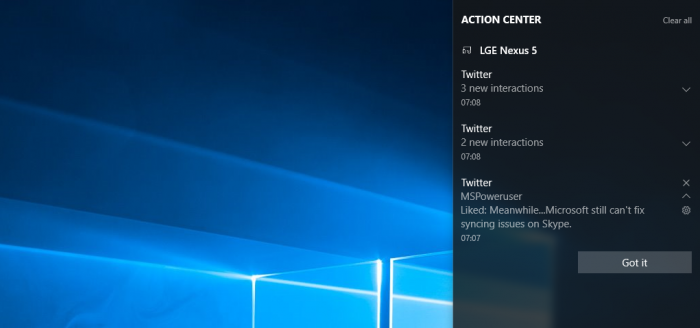 Vos notifications Android sur votre PC Windows 10 - Source: MSPowerUser
