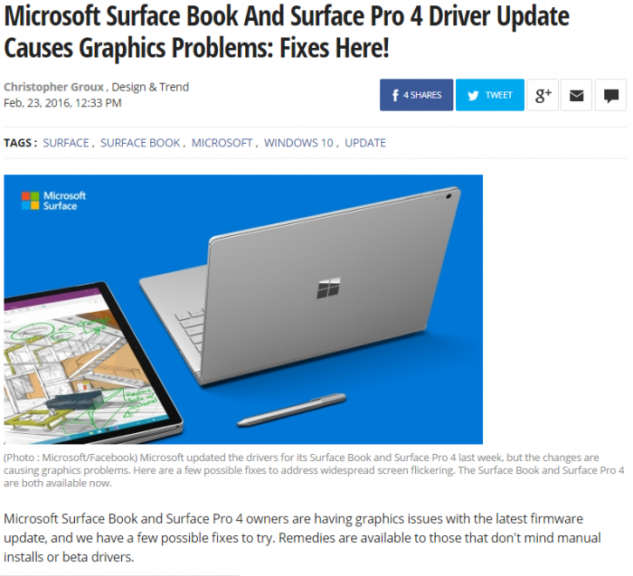 De nombreux problèmes liés aux pilotes graphiques du Surface Book