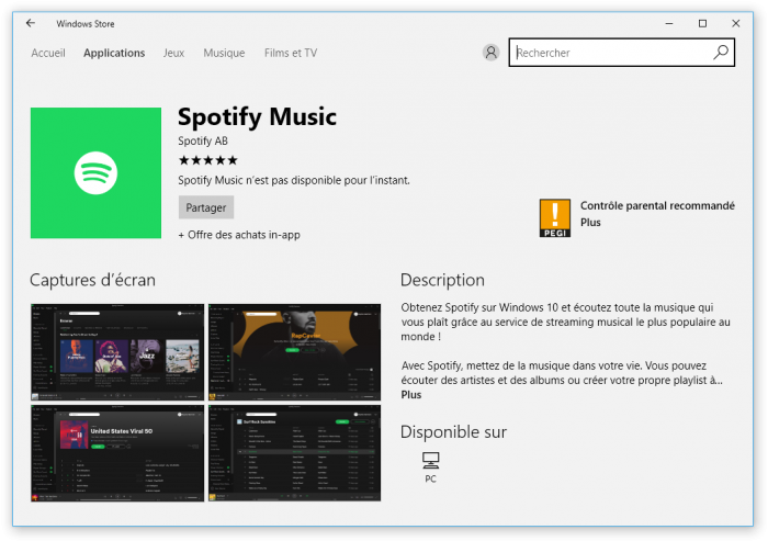 Spotify fait son apparition sur le Windows Store