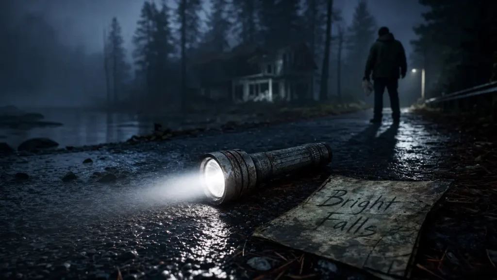 Alan Wake Bright Falls : lampe torche sur route près d’un lac sombre