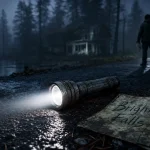 Alan Wake Bright Falls : lampe torche sur route près d’un lac sombre