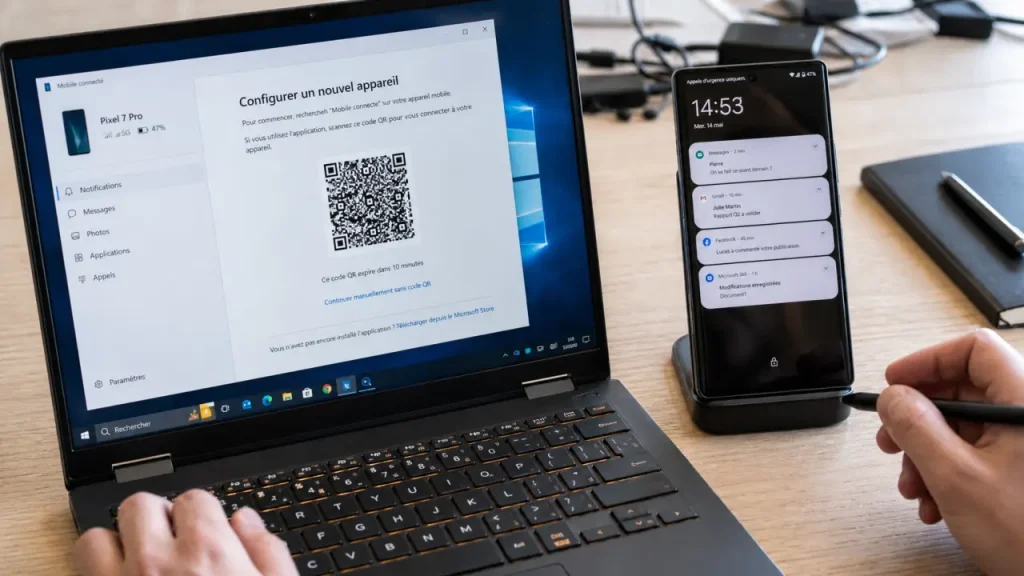 smartphone windows 10 connecté avec QR, Android à côté