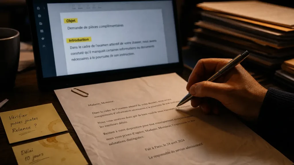 Courrier intelligence artificielle pour lettres administratives et emails formels, bureau et brouillon.