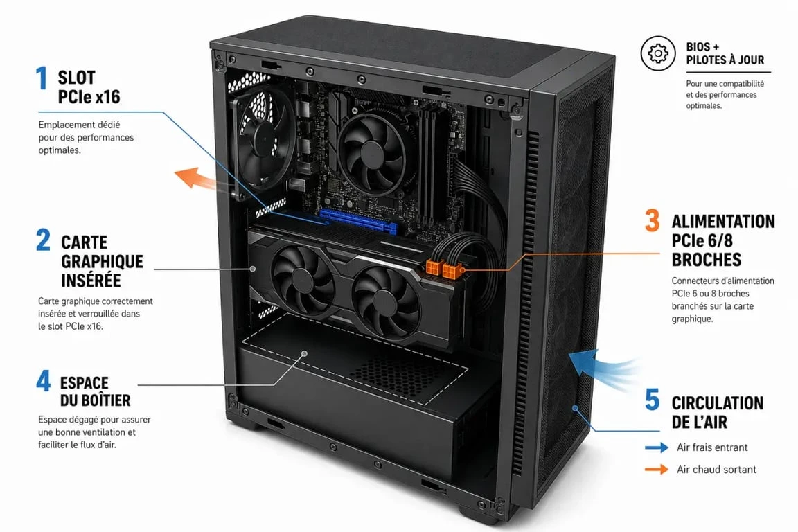 Carte graphique compatible carte mere : schéma des critères de compatibilité PCIe, boîtier et alimentation