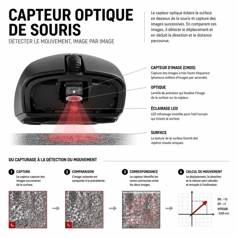 Schéma explicatif du fonctionnement d'un capteur optique pour test capteur souris