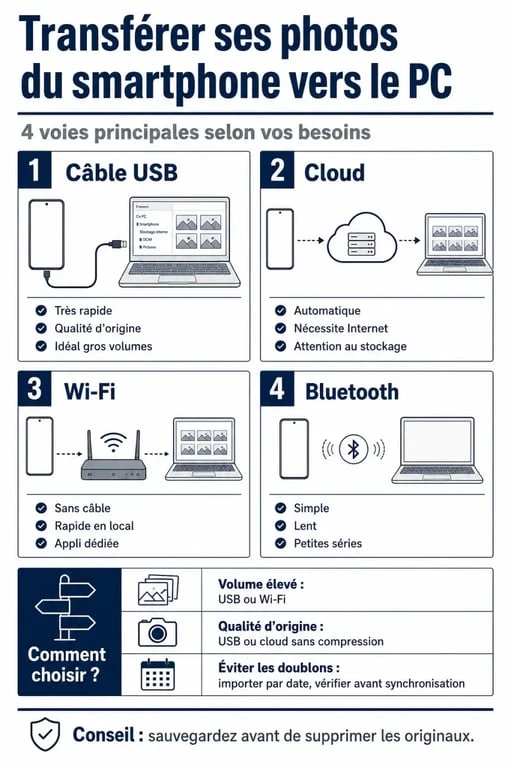 Transférer ses photos du smartphone vers le PC : infographie des méthodes USB, cloud, Wi‑Fi et Bluetooth