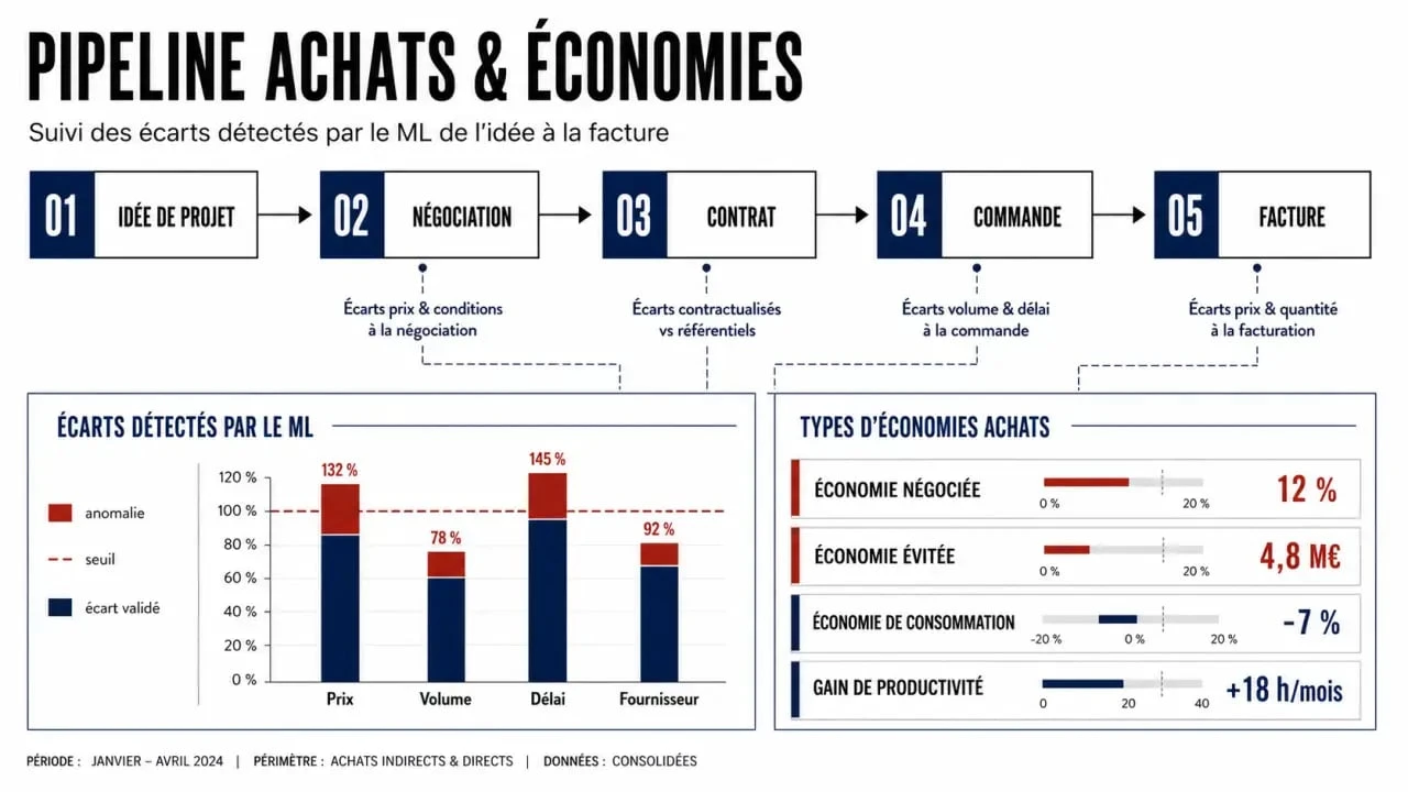 Logiciel de gestion de projets économies achats avec ML : schéma éditorial du pilotage des gains de l’idée au contrat puis à la facture