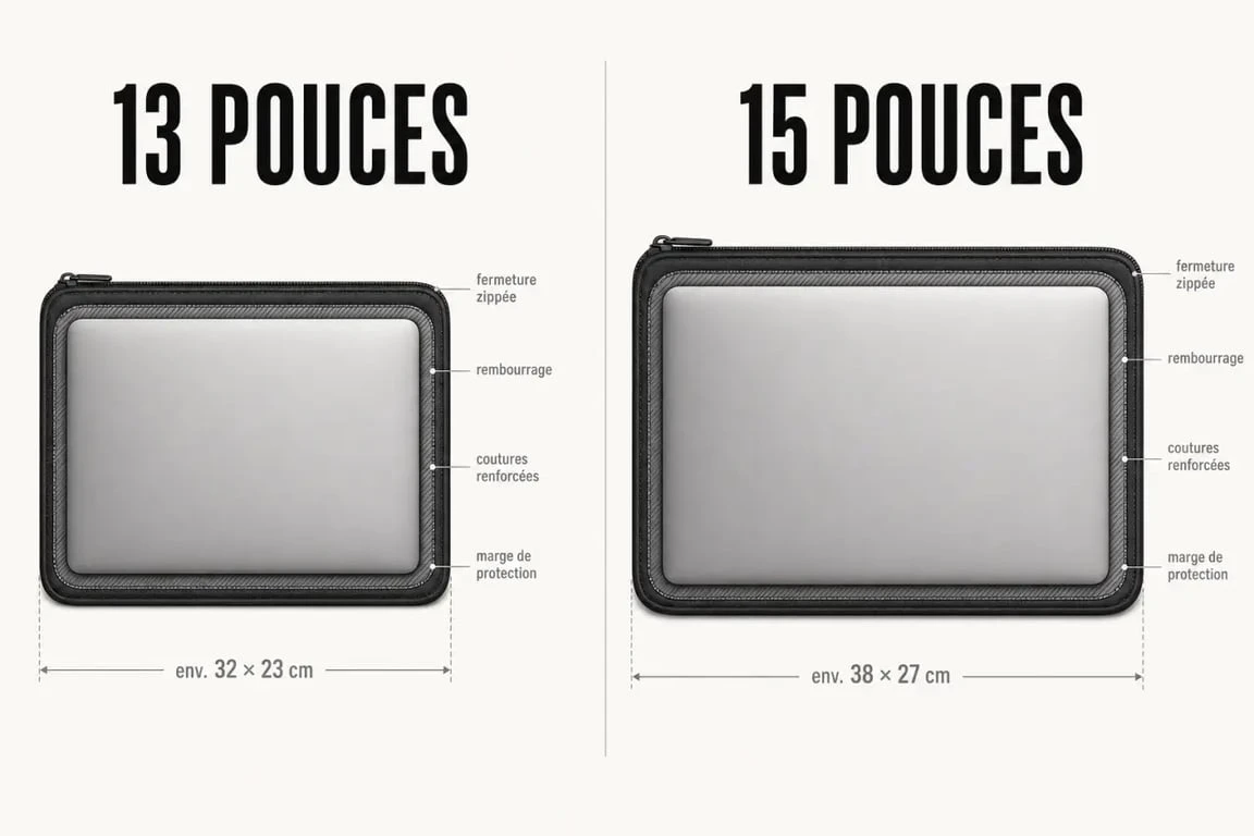 Pochettes ordinateurs : comparatif visuel des tailles 13 et 15 pouces et des critères de protection