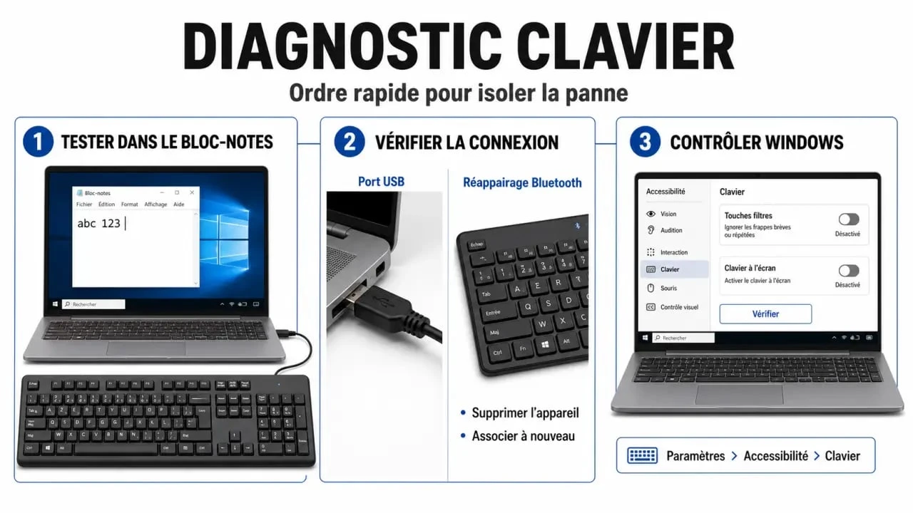 Touches claviers ne fonctionnent plus : schéma visuel de dépannage entre Bloc-notes, port USB, Bluetooth et réglages Windows
