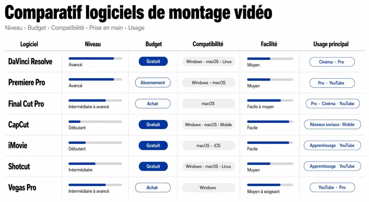 Comparatif logiciel montage video avec tableau visuel des principaux logiciels, niveaux, budgets et usages