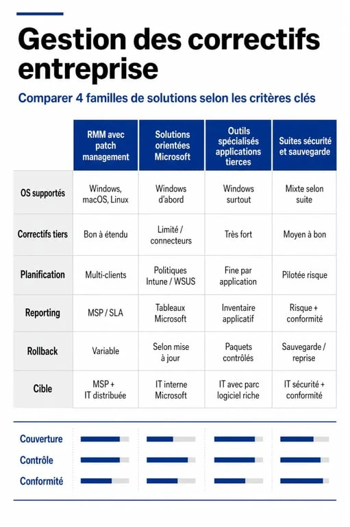 Logiciel de gestion des correctifs entreprise : infographie comparative des familles de solutions et critères clés