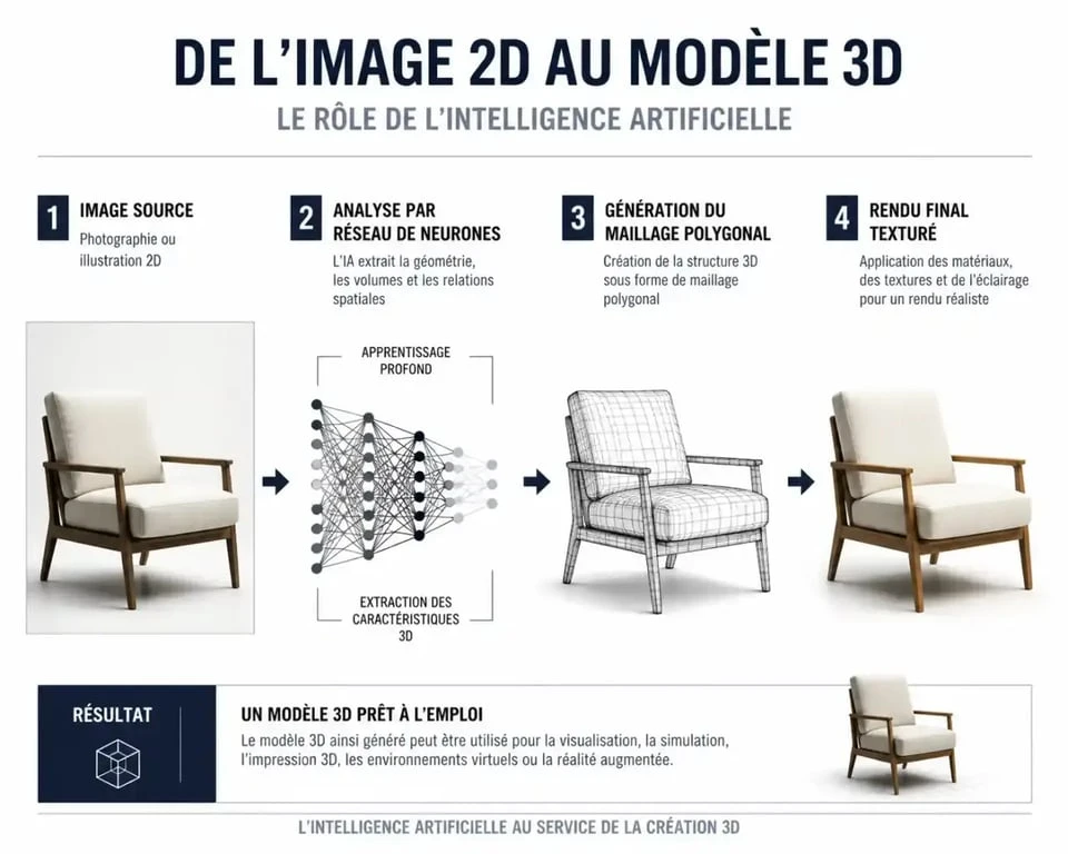 Schéma du processus de génération d'intelligence artificielle 3D à partir d'une image 2D