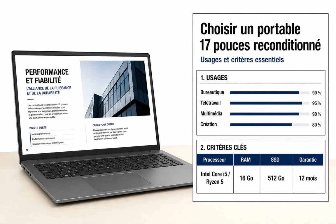 Ordinateur portable 17 pouces reconditionné : comparaison visuelle des usages et des critères de choix