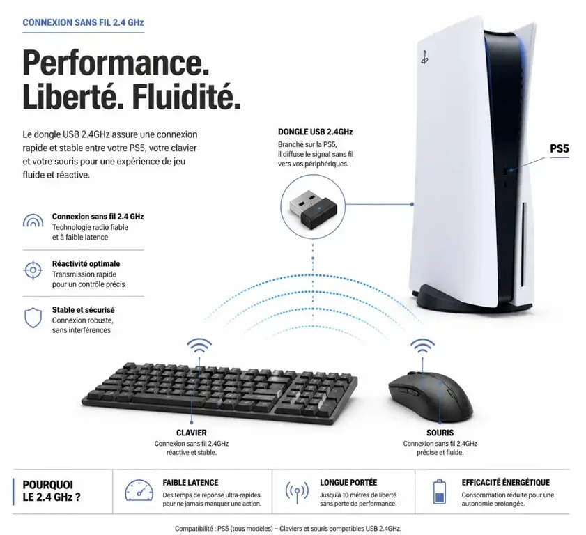 Schéma de connexion clavier souris ps5 sans fil via dongle 2.4GHz