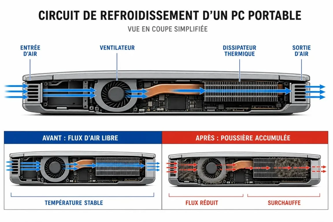 Nettoyer ventilateur pc portable : schéma du flux d’air et de la poussière dans un ordinateur portable