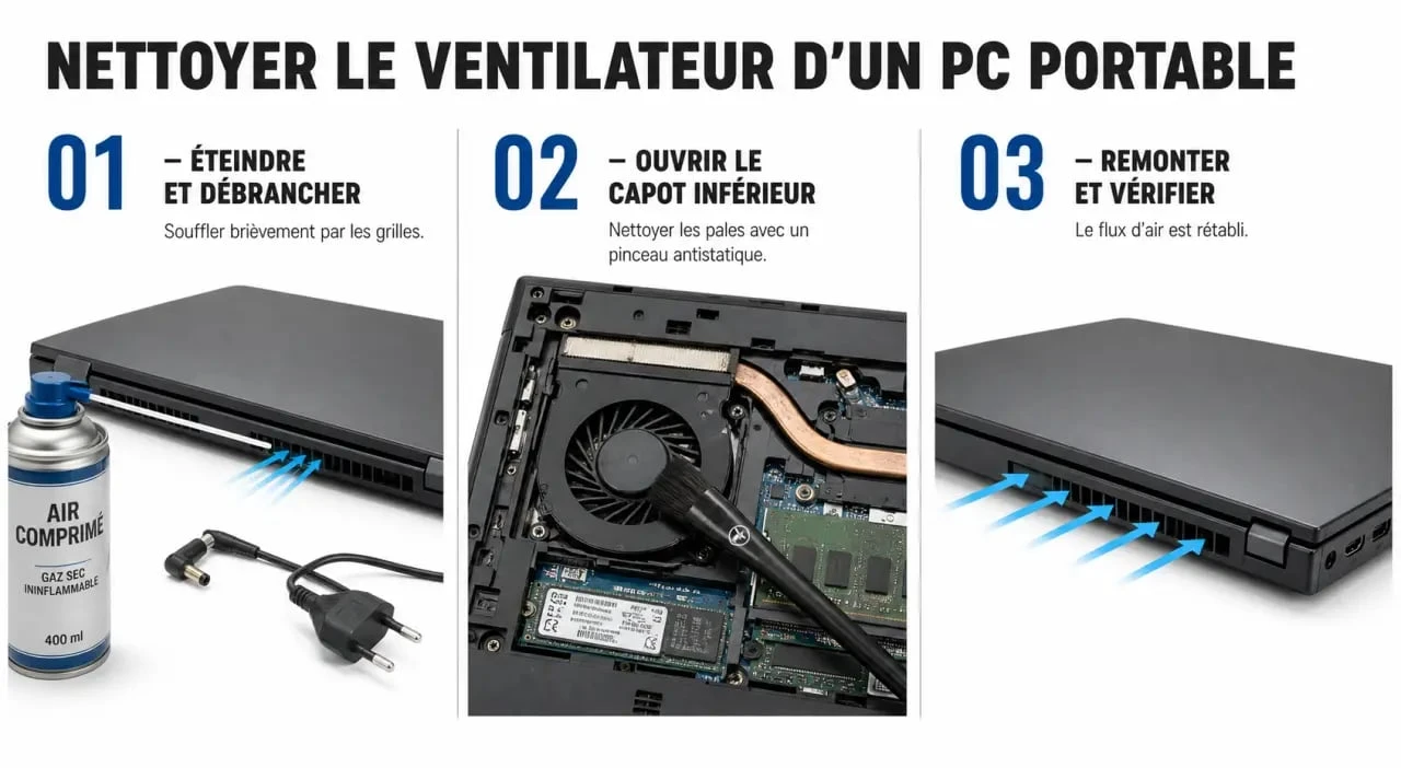 Nettoyer ventilateur pc portable : étapes de dépoussiérage externe et nettoyage interne