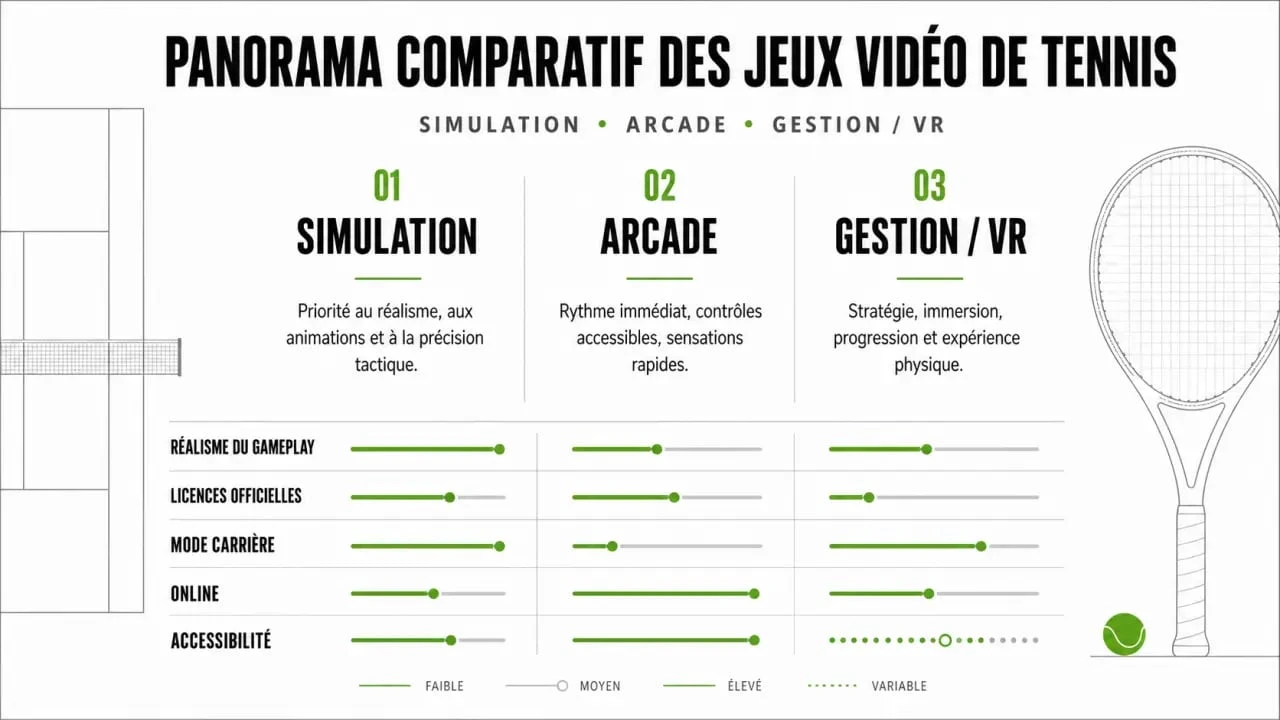 Comparatif tennis jeu vidéo entre simulation, arcade et gestion avec critères de choix