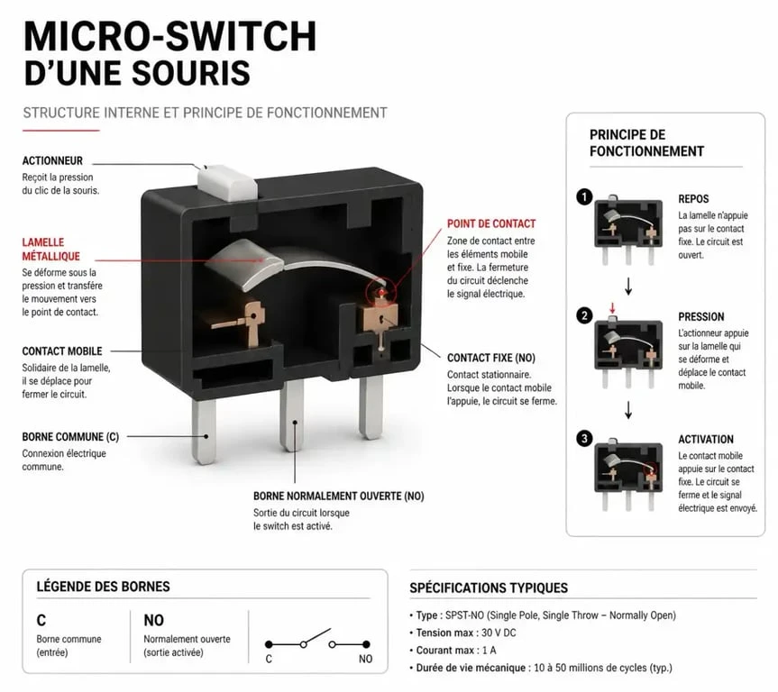 Schéma du mécanisme interne d'une souris causant un problème de souris double clic toute seule