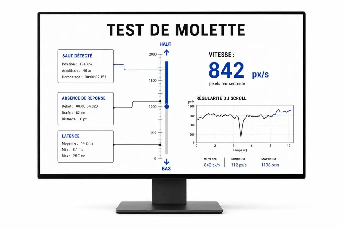 Schéma d’un test molette souris montrant le scroll, le score et les irrégularités