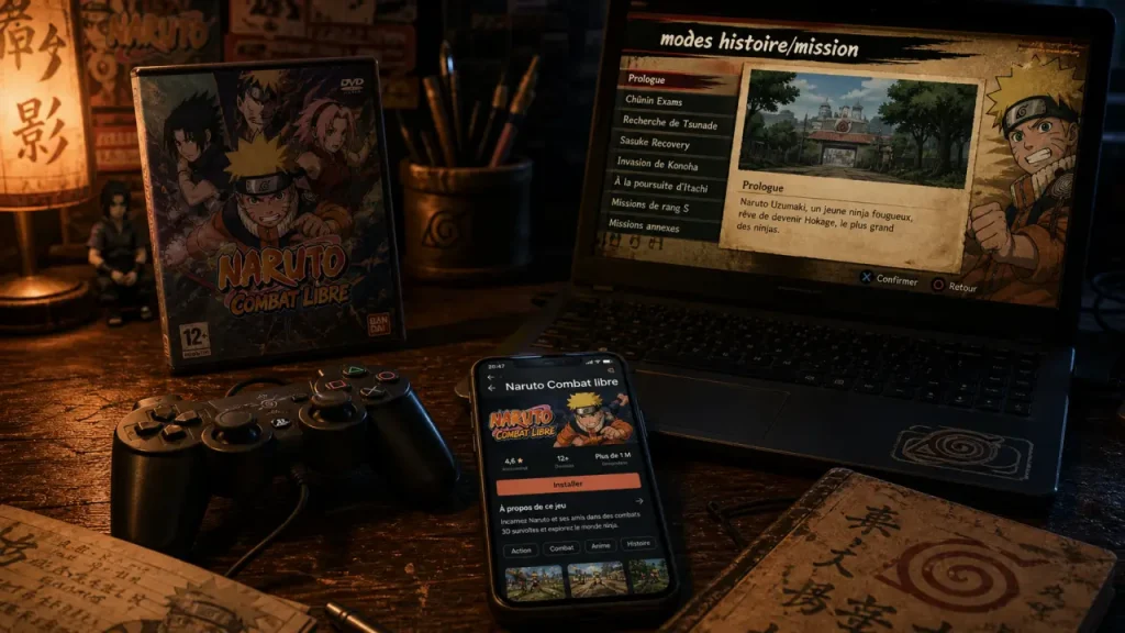 Jeu vidéo Naruto : mobile officiel et consoles, manette et smartphone