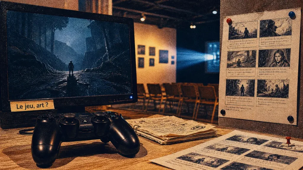 Le jeu vidéo est il un art : manette, écran LCD et storyboard en expo