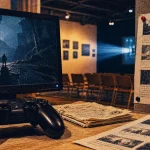 Le jeu vidéo est il un art : manette, écran LCD et storyboard en expo