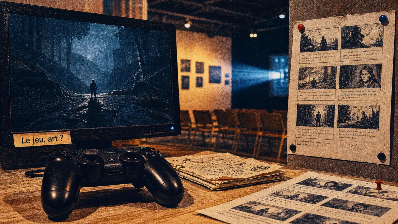 Le jeu vidéo est il un art : manette, écran LCD et storyboard en expo