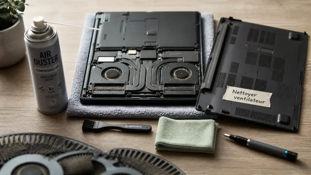 Nettoyer le ventilateur d’un PC portable sans l’abîmer : air comprimé, démontage et erreurs à éviter