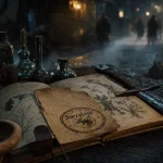 The Witcher jeu vidéo : carnet “Sorceleur” et épée en ruelle médiévale