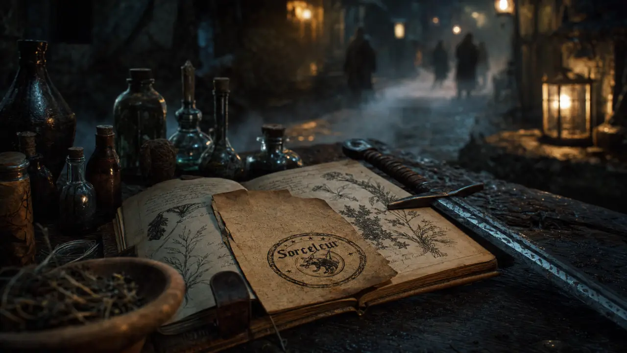The Witcher jeu vidéo : carnet “Sorceleur” et épée en ruelle médiévale