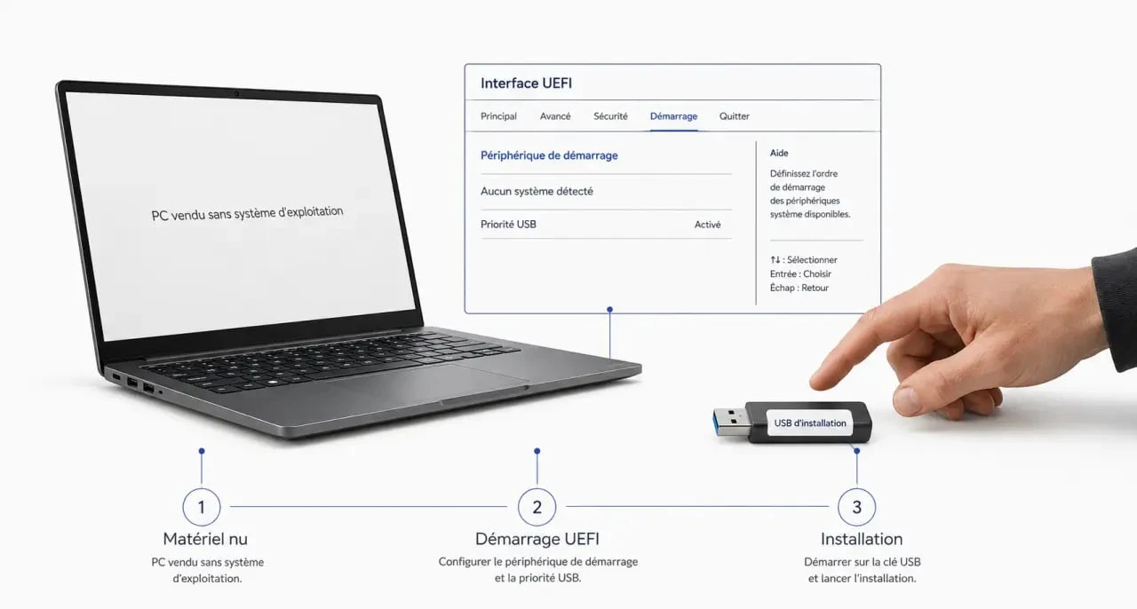 PC portable sans os : ordinateur portable, clé USB d’installation et écran BIOS/UEFI pour comprendre le premier démarrage