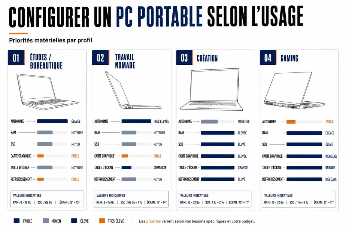 Configurer un PC portable selon l’usage avec un comparatif visuel des priorités: autonomie, RAM, SSD, carte graphique et taille d’écran