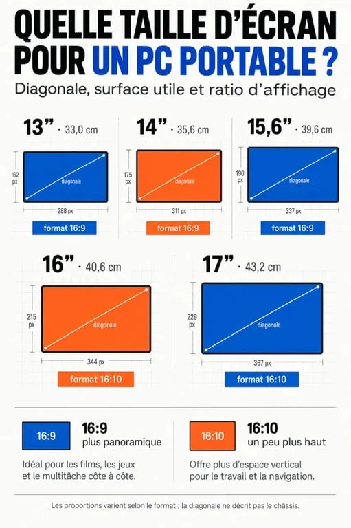 Infographie sur la taille d’écran d’un PC portable de 13 à 17 pouces en centimètres