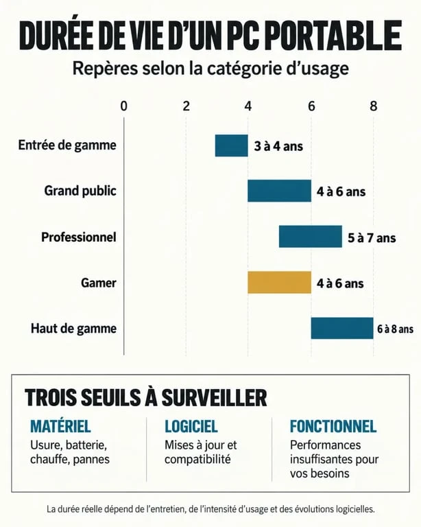 Infographie sur la durée de vie pc portable selon la gamme, l’usage et les critères de vieillissement
