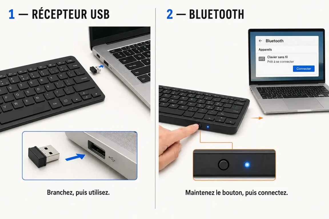 Connecter un clavier sans fil par récepteur USB ou Bluetooth