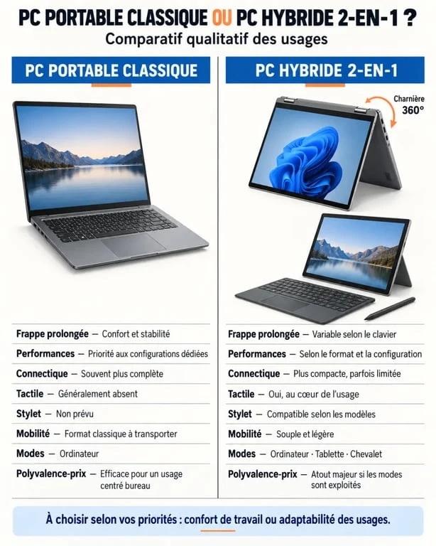 Infographie comparative PC portable ou hybride selon les usages, la puissance et la mobilité