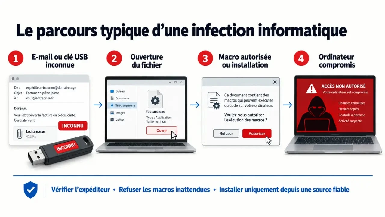 Quelles actions sont susceptibles d infecter un ordinateur : parcours d’une pièce jointe ou d’une clé USB jusqu’à la compromission