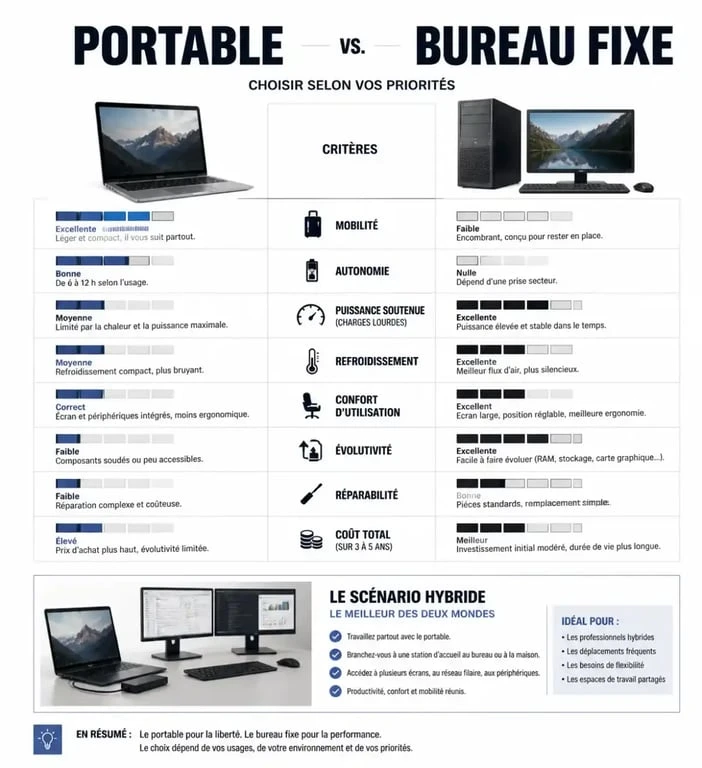 Infographie comparative ordinateur bureau ou portable selon la mobilité, la puissance et l'évolutivité