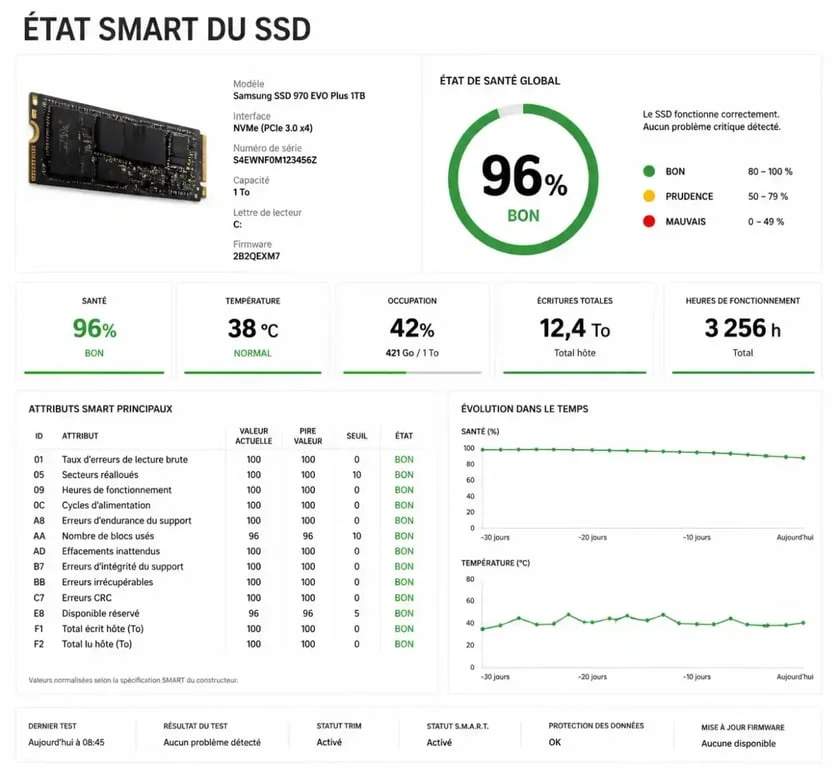 Visualisation des données SMART pour vérifier l'état de santé d'un SSD défectueux