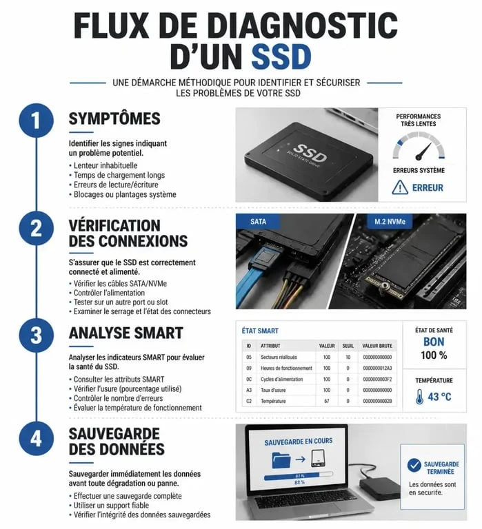 Infographie du processus de diagnostic pour un SSD défectueux et symptômes associés