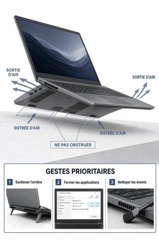 Refroidir pc portable : schéma des entrées et sorties d’air et des bons gestes