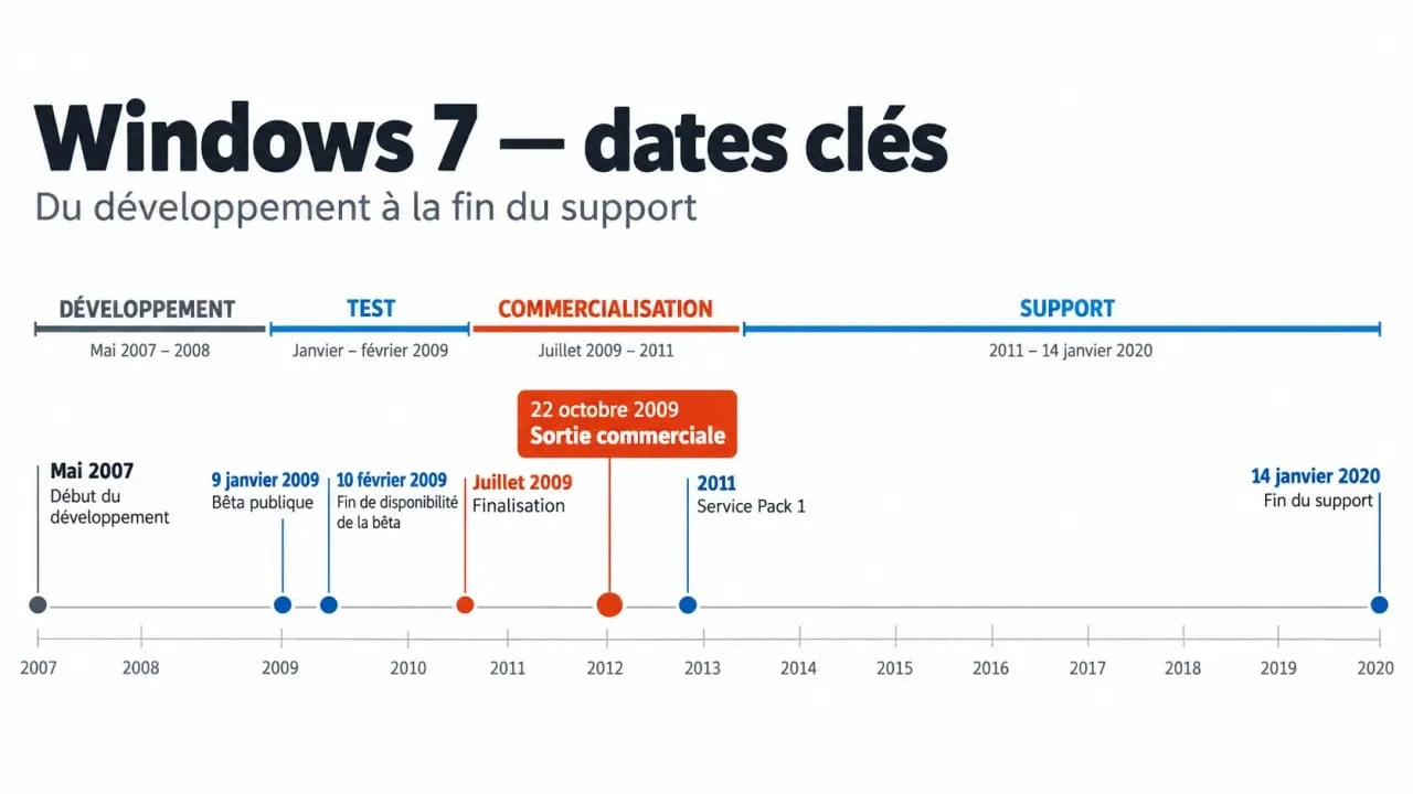 Frise chronologique de la date de sortie de Windows 7, de la bêta à la fin du support
