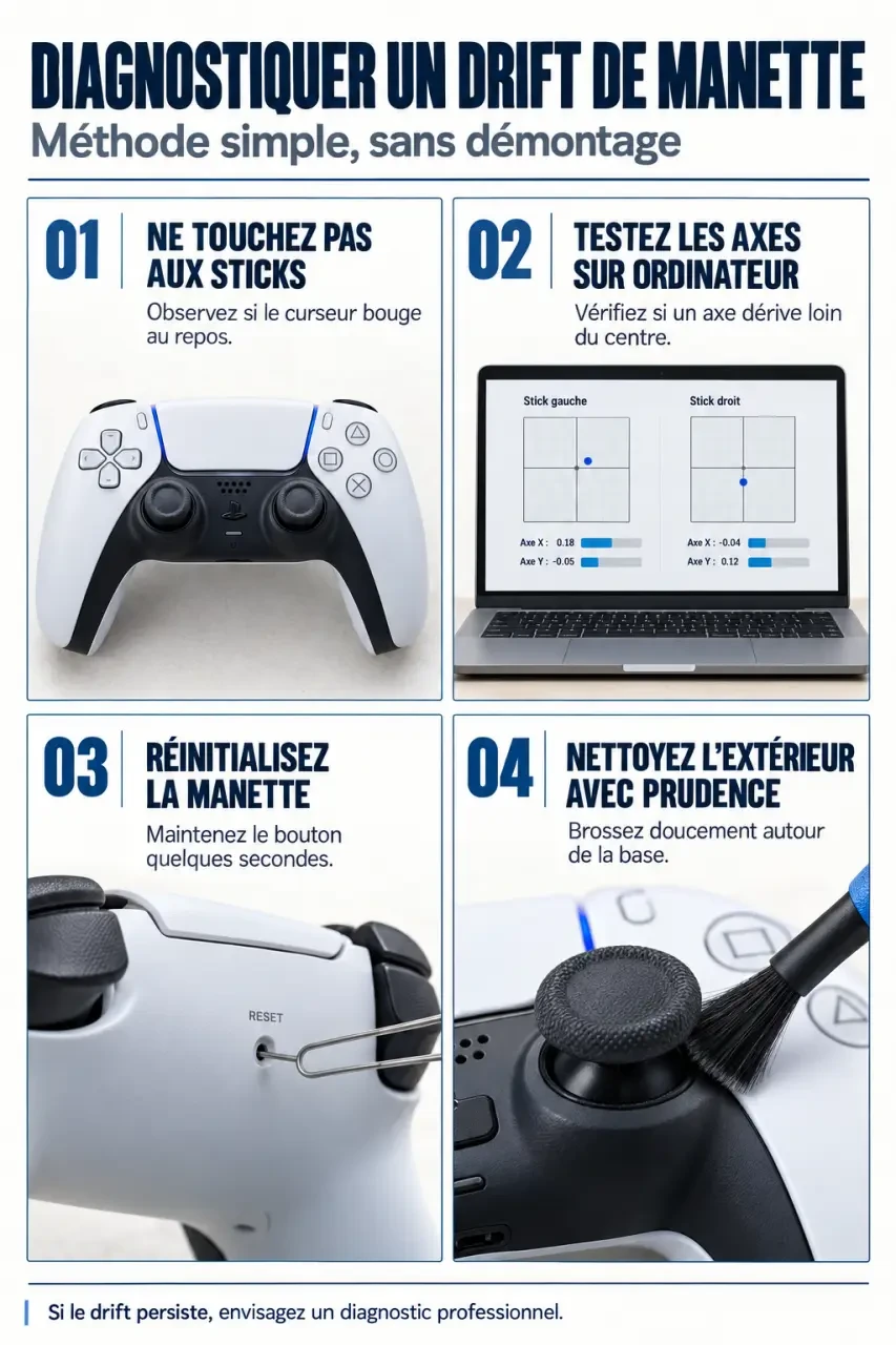 Drift manette PS5 : étapes de diagnostic, réinitialisation et nettoyage prudent d’une DualSense