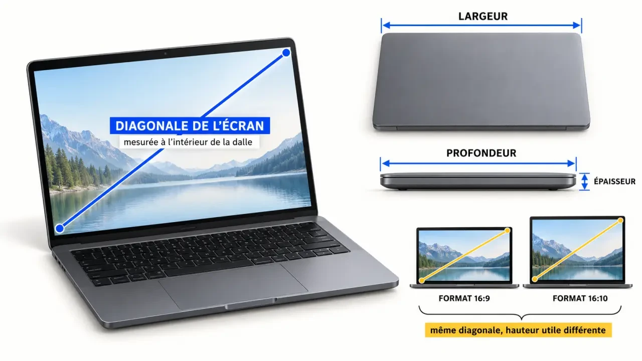 Illustration de la taille d’un ordinateur portable : diagonale de l’écran, largeur, profondeur et épaisseur du châssis