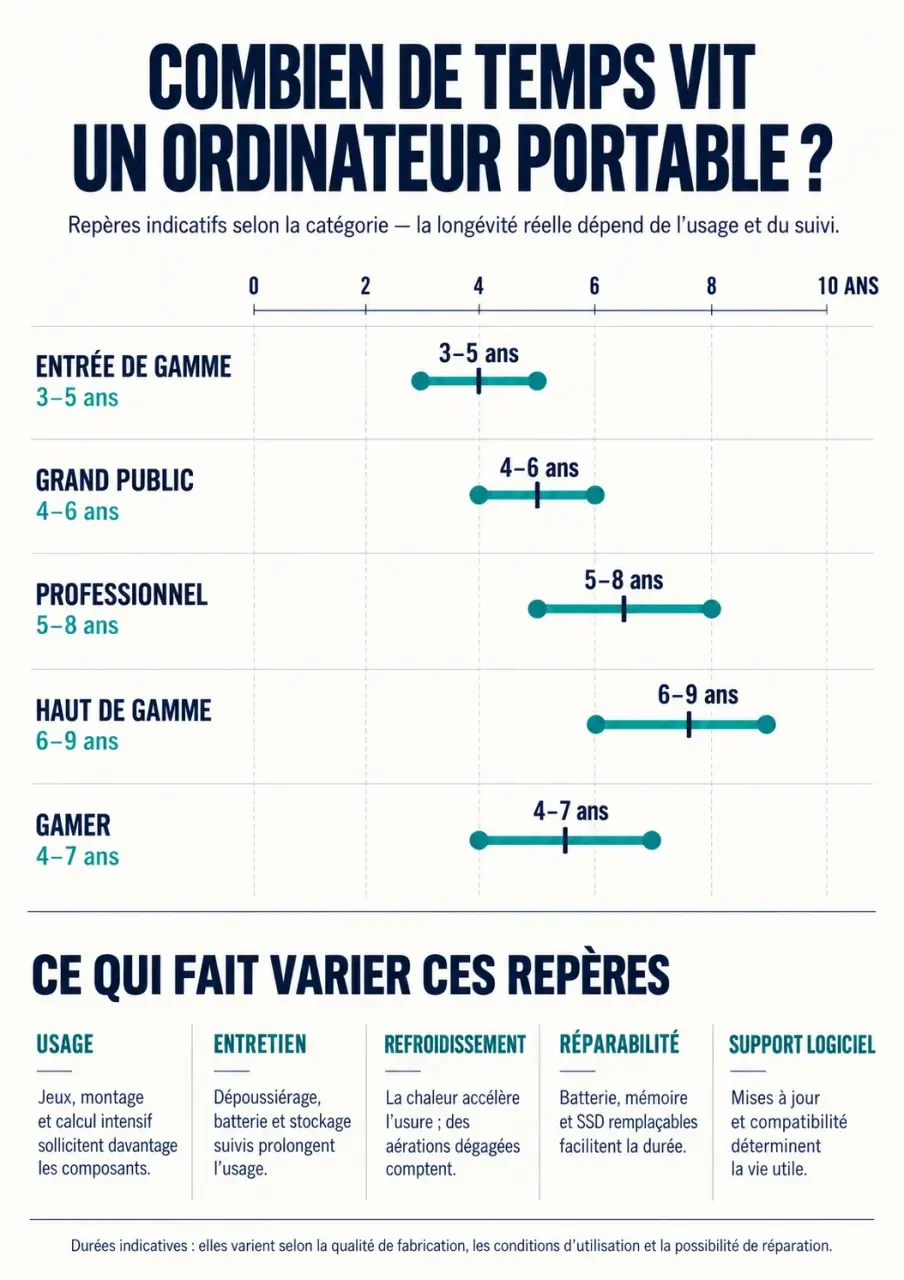 Infographie sur la duree de vie ordi portable selon la gamme et l’usage
