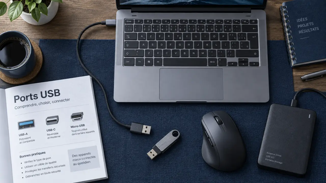 Port usb sur ordinateur : câble USB-C vers USB-A et périphériques branchés